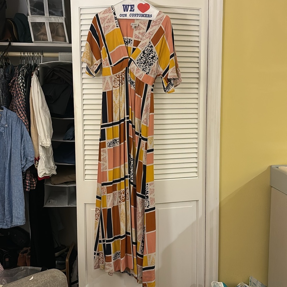 The Odells Sienna Geo Print Deep V Dress Patchwork Maxi Dress XS EUC - Picture 2 of 4